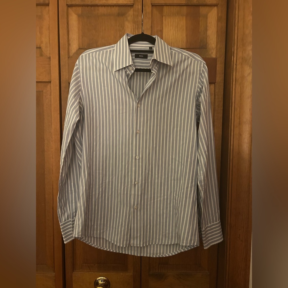 Boss Hugo Boss Men’s Sz 40 15 3/4 Preppy Classic Cotton Blue White Striped Shirt